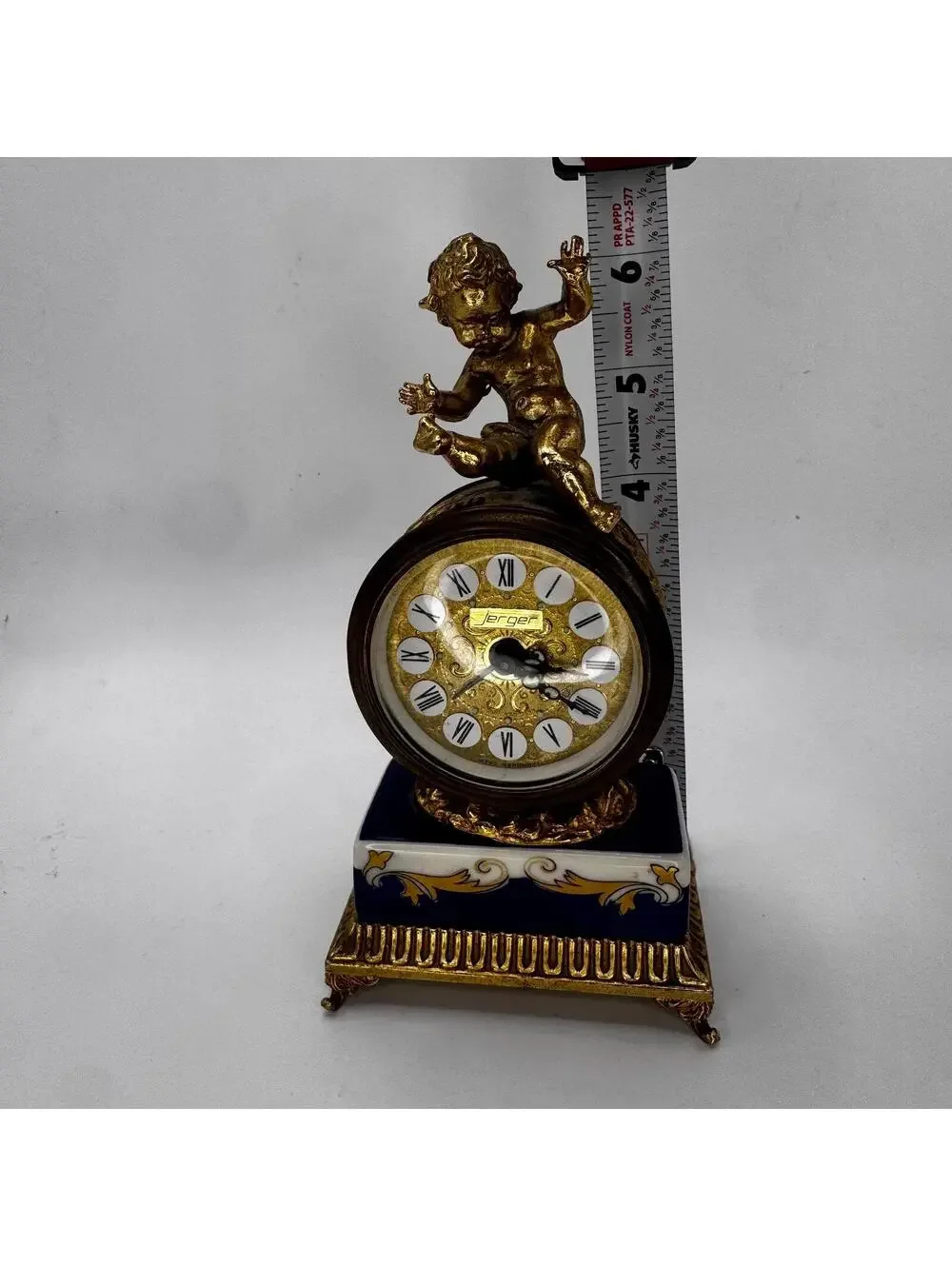 Vintage Jerger Cherub Mantel Clock: Cobalt Blue Porcelain, Gold Gilt, Working